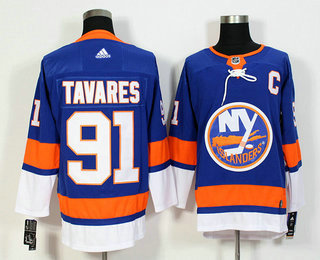 Men's New York Islanders #91 John Tavares Blue With C Patch Home 2017-2018 Hockey Adidas Stitched NHL Jersey