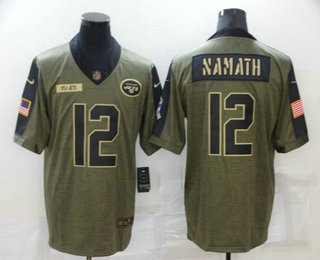 Men's New York Jets #12 Joe Namath 2021 Olive Salute To Service Limited Stitched Jersey