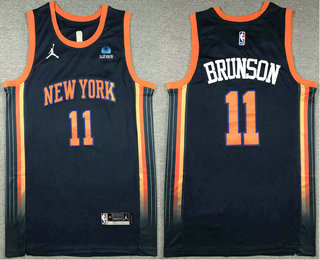 Men's New York Knicks #11 Jalen Brunson Navy 2022 Statement Icon Sponsor Swingman Jersey