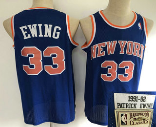 Men's New York Knicks #33 Patrick Ewing Blue 1991-92 Hardwood Classics Soul Swingman Throwback Jersey