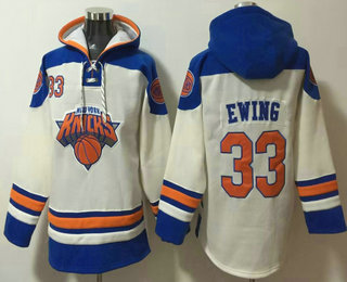 Men's New York Knicks #33 Patrick Ewing Cream Lace Up Pullover Hoodie