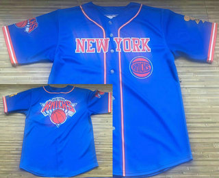 Men's New York Knicks Blue Laser Printing Cool Base Baseball Jersey