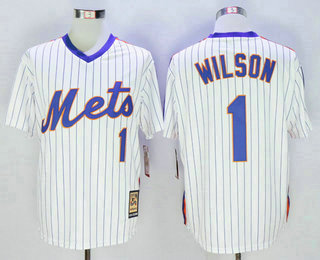 Men's New York Mets #1 Mookie Wilson White Blue Strip Cool Base Cooperstown Collection Jersey