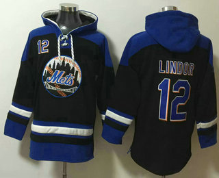 Men's New York Mets #12 Francisco Lindor Black Ageless Must Have Lace Up Pullover Hoodie