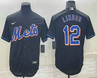 Men's New York Mets #12 Francisco Lindor Black Stitched MLB Cool Base Nike Jersey