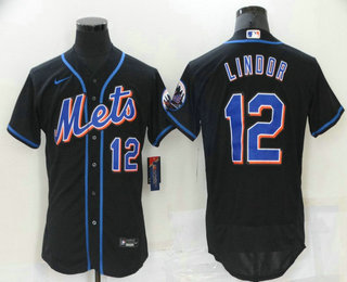 Men's New York Mets #12 Francisco Lindor Black Stitched MLB Flex Base Nike Jersey