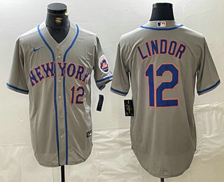 Men's New York Mets #12 Francisco Lindor Number Grey Stitched Cool Base Nike Jersey