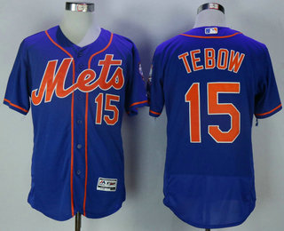 Men's New York Mets #15 Tim Tebow Blue With Orange Stitched MLB 2016 Majestic Flex Base Jersey