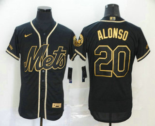 Men's New York Mets #20 Pete Alonso Black With Gold Stitched MLB Flex Base Nike Jersey