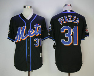 Men's New York Mets #31 Mike Piazza Black Cooperstown Collection Throwback Jersey Mets 2016 HOF patch