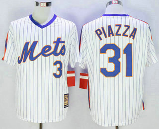 Men's New York Mets #31 Mike Piazza White Blue Strip Cool Base Cooperstown Collection Jersey