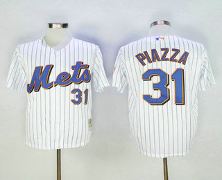 Men's New York Mets #31 Mike Piazza White Pinstripe Mitchell & Ness Throwback Jersey