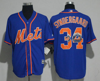 Men's New York Mets #34 Noah Syndergaard Royal Blue Team Logo Ornamented Stitched MLB Majestic Cool Base Jersey