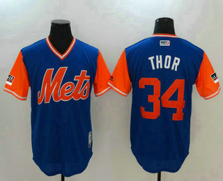 Men's New York Mets #34 Noah Syndergaard Thor Royal Orange 2018 Players' Weekend Cool Base Jersey