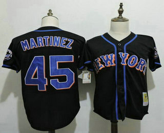 Men's New York Mets #45 Pedro Martinez Black Cooperstown Collection Throwback Jersey with 2016 HOF patch