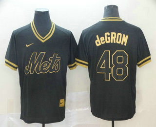 Men's New York Mets #48 Jacob DeGrom Black Gold Nike Cooperstown Legend V Neck Jersey