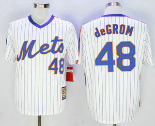 Men's New York Mets #48 Jacob DeGrom White Blue Strip Cool Base Cooperstown Collection Jersey