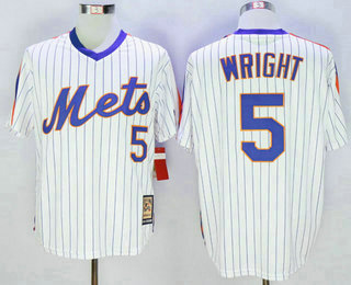 Men's New York Mets #5 David Wright White Blue Strip Cool Base Cooperstown Collection Jersey