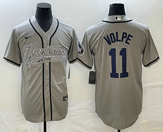 Men's New York Yankees #11 Anthony Volpe Grey With Patch Cool Base Stitched Baseball Jersey