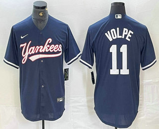 Men's New York Yankees #11 Anthony Volpe Navy Cool Base Stitched Baseball Jersey 01