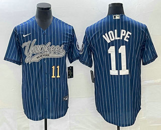 Men's New York Yankees #11 Anthony Volpe Number Blue Pinstripe Cool Base Stitched Baseball Jersey