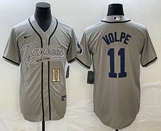 Men's New York Yankees #11 Anthony Volpe Number Grey With Patch Cool Base Stitched Baseball Jersey