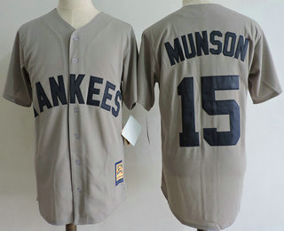 Men's New York Yankees #15 Thurman Munson Gray Road Throwback Cooperstown Collection Stitched MLB Mitchell & Ness Jersey