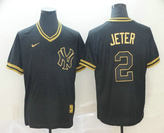 Men's New York Yankees #2 Derek Jeter Black Gold Nike Cooperstown Legend V Neck Jersey