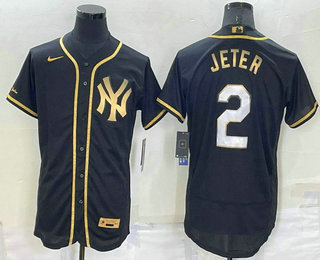 Men's New York Yankees #2 Derek Jeter Black Gold Stitched MLB Flex Base Nike Jersey