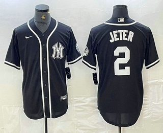 Men's New York Yankees #2 Derek Jeter Black White Cool Base Stitched Jersey