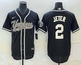 Men's New York Yankees #2 Derek Jeter Black With Patch Cool Base Stitched Baseball Jersey