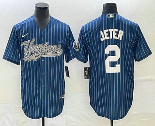 Men's New York Yankees #2 Derek Jeter Blue Pinstripe Cool Base Stitched Baseball Jersey