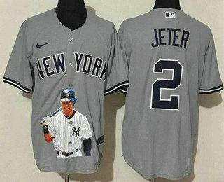 Men's New York Yankees #2 Derek Jeter Gray Portrait Cool Base Jersey