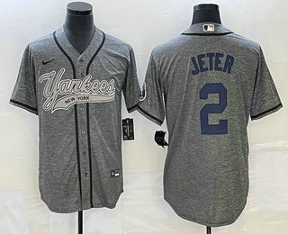 Men's New York Yankees #2 Derek Jeter Grey Gridiron Cool Base Stitched Baseball Jersey