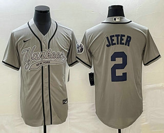 Men's New York Yankees #2 Derek Jeter Grey With Patch Cool Base Stitched Baseball Jersey