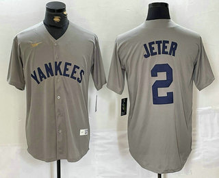 Men's New York Yankees #2 Derek Jeter Name Grey Stitched Nike Throwback Jersey