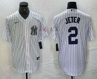 Men's New York Yankees #2 Derek Jeter Name White With Patch 2024 Cool Base Stitched Jersey