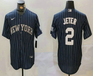 Men's New York Yankees #2 Derek Jeter Navy Pinstripe Fashion Cool Base Jersey