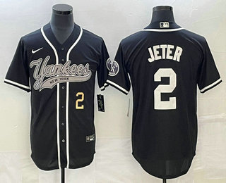 Men's New York Yankees #2 Derek Jeter Number Black With Patch Cool Base Stitched Baseball Jersey