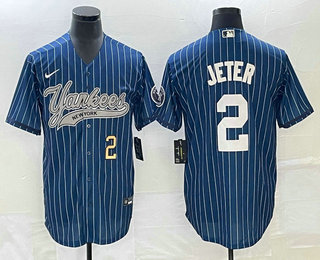 Men's New York Yankees #2 Derek Jeter Number Blue Pinstripe Cool Base Stitched Baseball Jersey