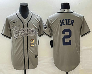 Men's New York Yankees #2 Derek Jeter Number Grey With Patch Cool Base Stitched Baseball Jersey