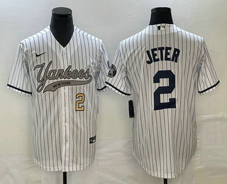 Men's New York Yankees #2 Derek Jeter Number White With Patch Cool Base Stitched Baseball Jersey