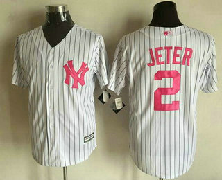 Men's New York Yankees #2 Derek Jeter Retired White With Pink 2016 Mother's Day Baseball Cool Base Jersey