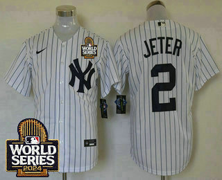 Men's New York Yankees #2 Derek Jeter White Pinstripe 2024 World Series Stitched Jersey