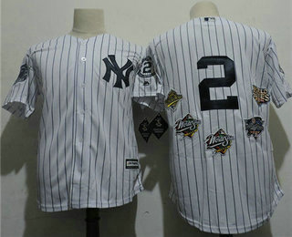 Men's New York Yankees #2 Derek Jeter White Pinstripe Cool Base Baseball Jersey with 1996 1998 1999 2000 2009 World Series Champions Patch