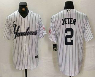 Men's New York Yankees #2 Derek Jeter White Pinstripe Fashion Cool Base Jersey