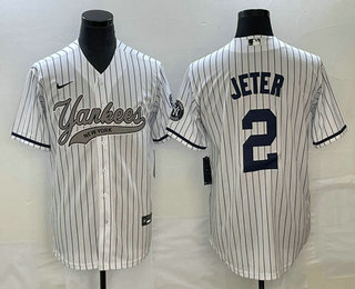 Men's New York Yankees #2 Derek Jeter White With Patch Cool Base Stitched Baseball Jersey