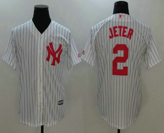 Men's New York Yankees #2 Derek Jeter White With Pink Mother's Day Stitched MLB Majestic Cool Base Jersey