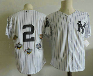 Men's New York Yankees #2 Derek Jeter White with 1996 1998 1999 2000 2009 World Series Champions Patch Stitched MLB Cool Base Jersey