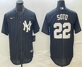 Men's New York Yankees #22 Juan Soto Black Pinstripe Cool Base Stitched Baseball Jersey